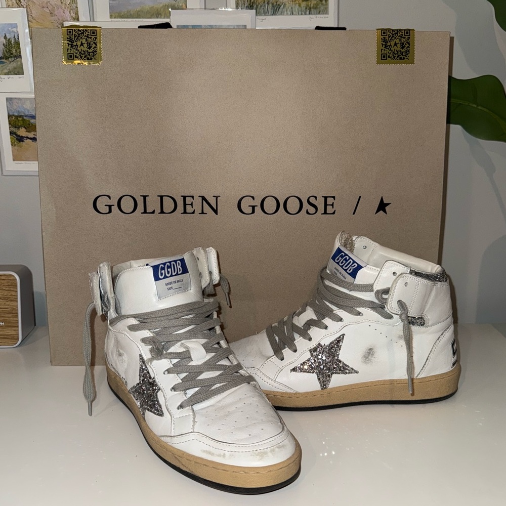 Golden Goose Women’s Sky-Star: White Sneakers with Silver Stars and Inserts